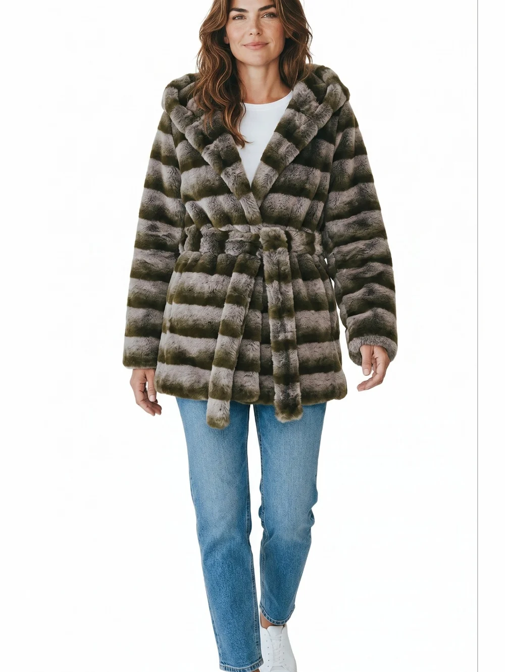 Luxury Faux Fur Hooded Coat Brown Striped Belted Jacket Soft Plush Winter Chic - Picture 5 of 6